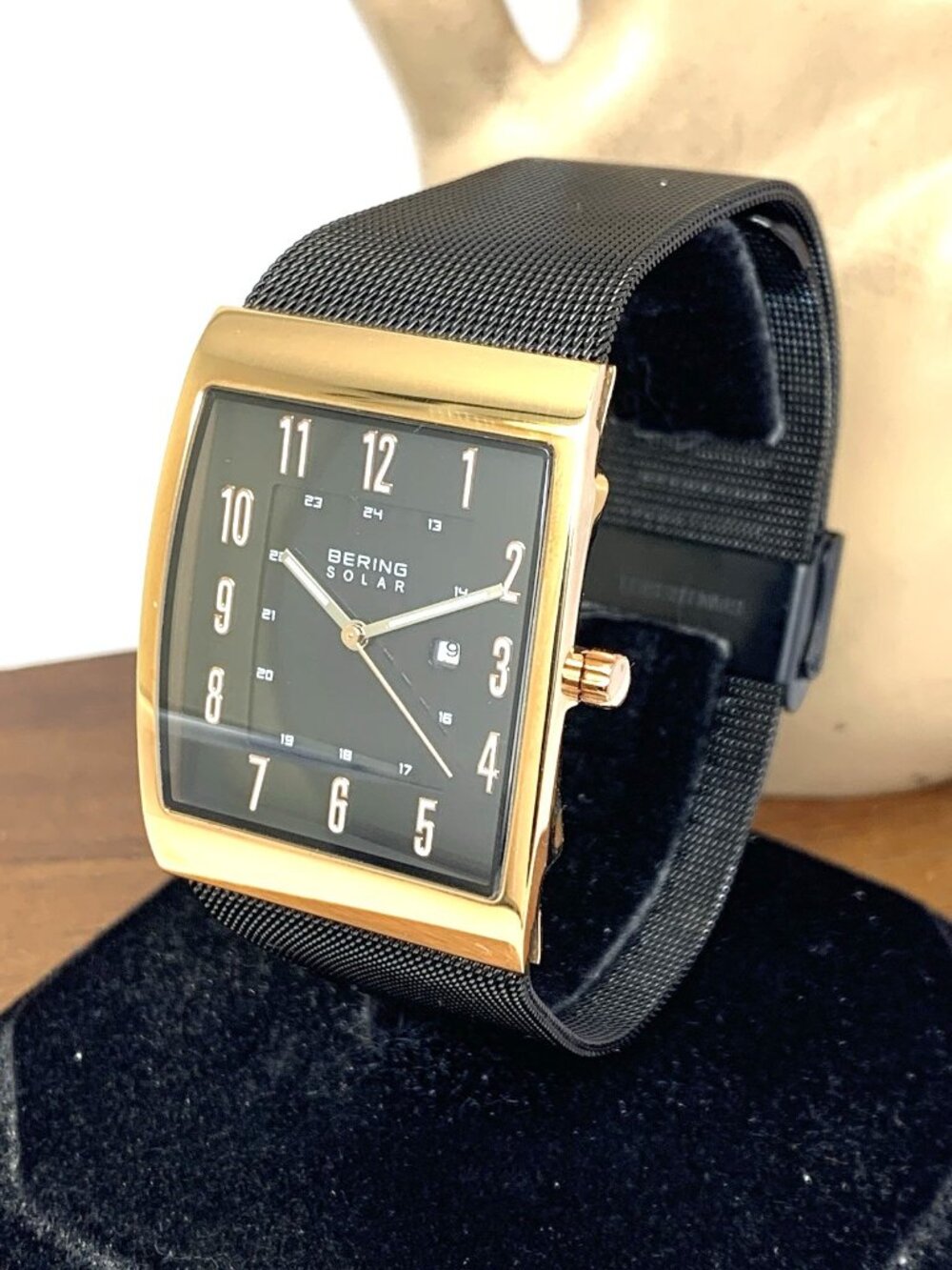 Bering Men's Watch 16433-166 Solar Black Rose Gold Rectangular Mesh Steel Band